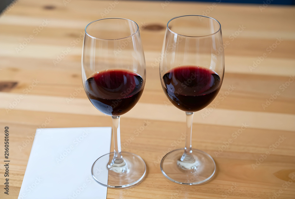 Naklejka premium Wine tasting and sommelier experience, two glasses of red wine on a wooden table with blank card for notes