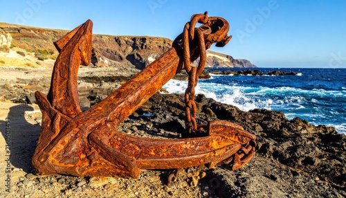 Rusty old ship anchor on a rocky volcanic coastline by the blue sea.