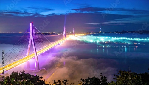 Stunning illuminated cable-stayed bridge over water at night with fog.