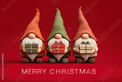 Cute Christmas Gnomes Holding Presents. Christmas-themed design featuring cute gnomes (Tomte or Nisse) holding wrapped gifts.