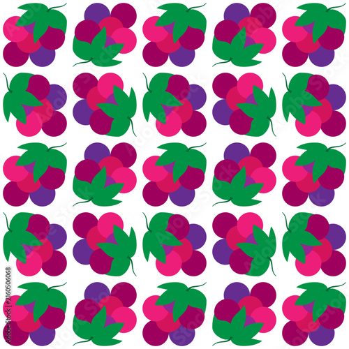 Colorful seamless vector pattern of purple grape bunches with green leaves isolated on white background. Great for wine packaging, kitchen decor, textiles, wallpapers, and graphics