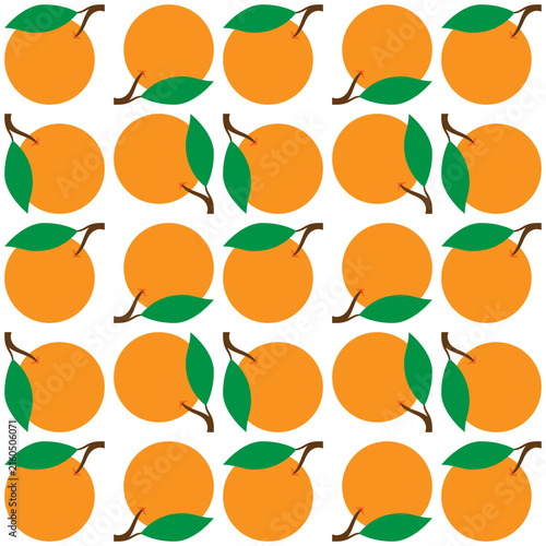 Seamless vector pattern of ripe orange citrus fruits with stems and green leaves isolated on white background. Perfect for juice branding, kitchen decor, packaging, and textiles