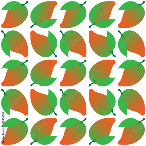 Tropical seamless vector pattern of ripe mangoes with green leaves isolated on white background. Ideal for exotic juice packaging, summer textiles, wallpapers, and prints