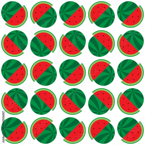 Seamless vector pattern of whole and half watermelons on white background. Stylish graphic design for food packaging, textiles, and summer themes