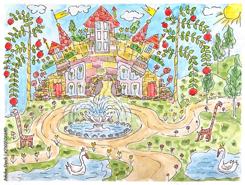 Fairytale castle with fountain and swans, watercolor magical illustration