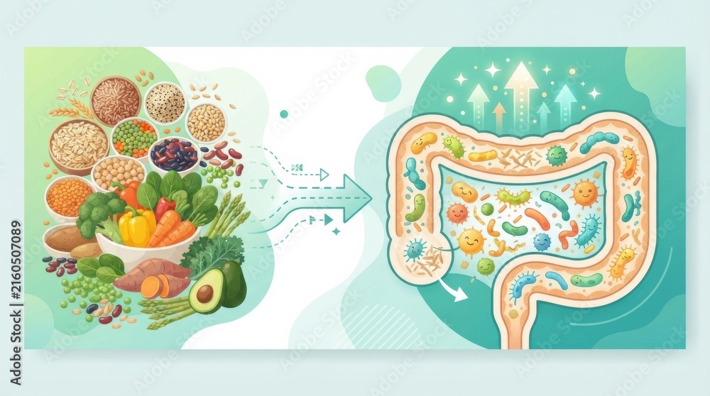 Naklejka premium Healthy foods are shown on one side with benefits to gut health illustrated on the other side. This highlights nutrition impact on health.