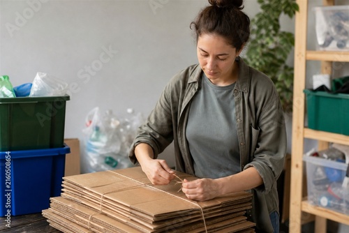 Volunteer bundling flattened cardboard for recycling