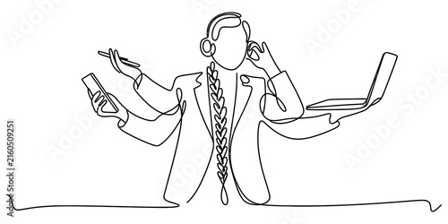 Continuous line drawing of a busy business person multitasking with many hands using a phone laptop and pen isolated on a white background Vector, illustration
