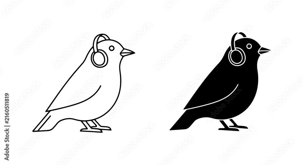 Fototapeta premium Minimalist Bird Icons, Outline and Silhouette, Listening to Music with Headphones, Simple Vector Graphics