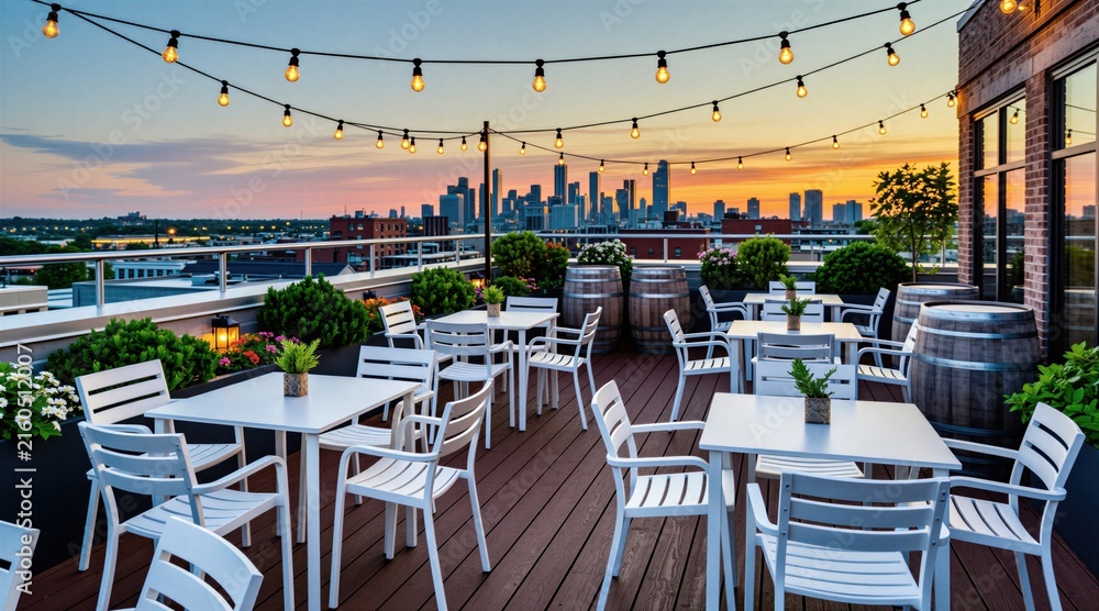 Fototapeta premium Modern rooftop terrace with white furniture, bistro tables overlooks city skyline at golden sunset. String lights hang above outdoor deck area with wooden flooring, decorative plants. Urban space