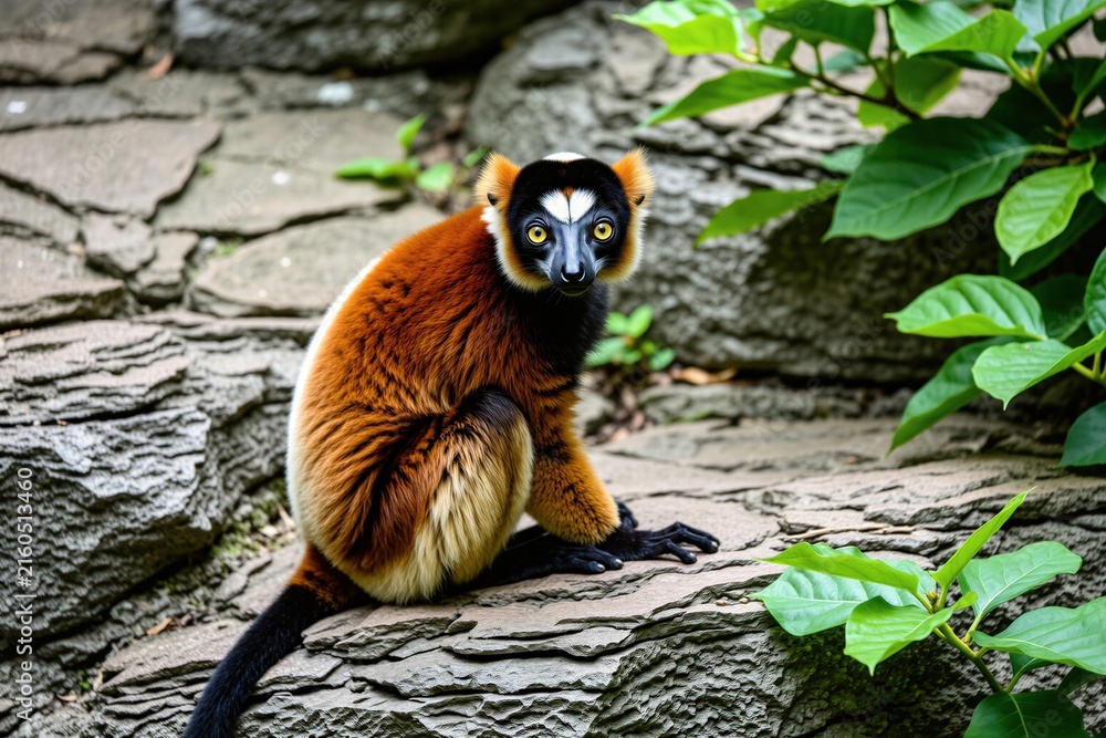 Naklejka premium Red ruffed lemur sits on rock ledge with green leaves nearby. Primate has orange fur black face and distinctive white crown marking. Animal at zoo habitat.
