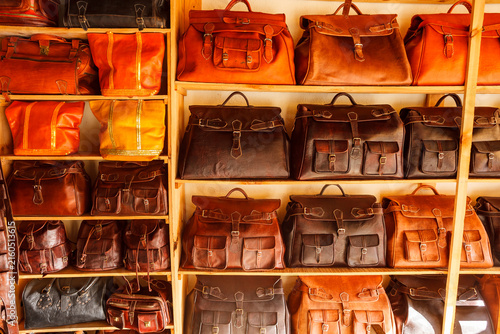 New Leather handbags and backpacs for sale at Fez tannery, Morroco