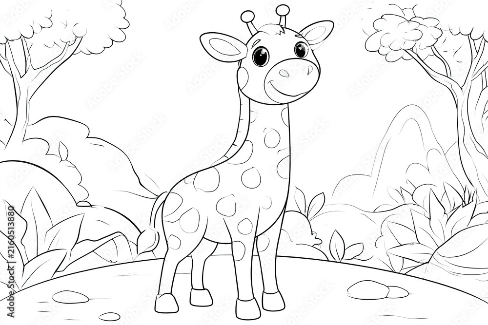 Naklejka premium Cute cartoon giraffe coloring page for kids featuring spots and friendly face in outdoor forest and mountain landscape.
