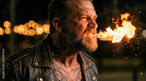Intense close up of a fire breather with tattoos with captures fierce fire