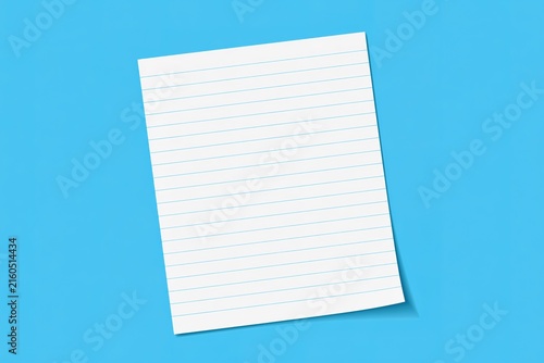 Single white lined notebook paper sheet floating on bright cyan surface for minimal workspace creative document concept.