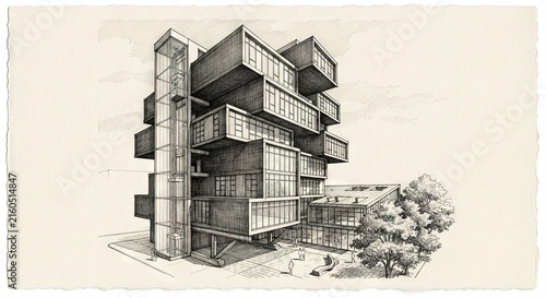 Architectural sketch of stacked modernist building with trees
