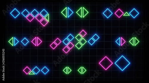 Vibrant neon geometric shapes on dark background in a grid pattern