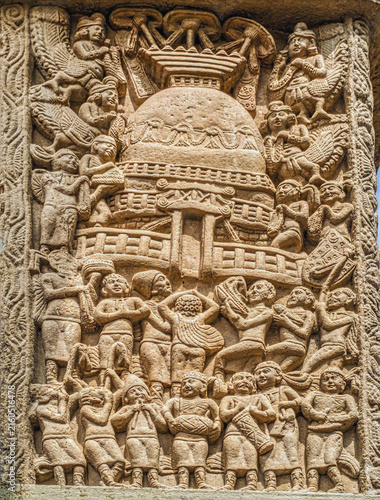 Aniconic Buddhist relief depicting the worship of a sacred stupa by devotees, celestial beings, and ritual celebrants, from the Great Stupa Torana at Sanchi, Sanchi Stupa Complex, India