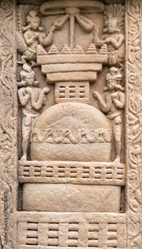 Carved Relief Panel Depicting the Great Stupa in Aniconic Buddhist Art, likely from a temple doorway or sculptural panel at the Sanchi Complex, Sanchi Archaeological Site, India