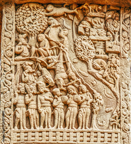 Buddhist narrative relief depicting a sacred river landscape with devotees, hermitages, wildlife, and pilgrimage scenes, from the Great Stupa Torana at Sanchi, Sanchi Stupa Complex, Sanchi, India