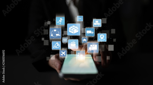 Fotografie Goods delivery tracking icons show shipping, goods delivery routes, and loEnticeics monitoring