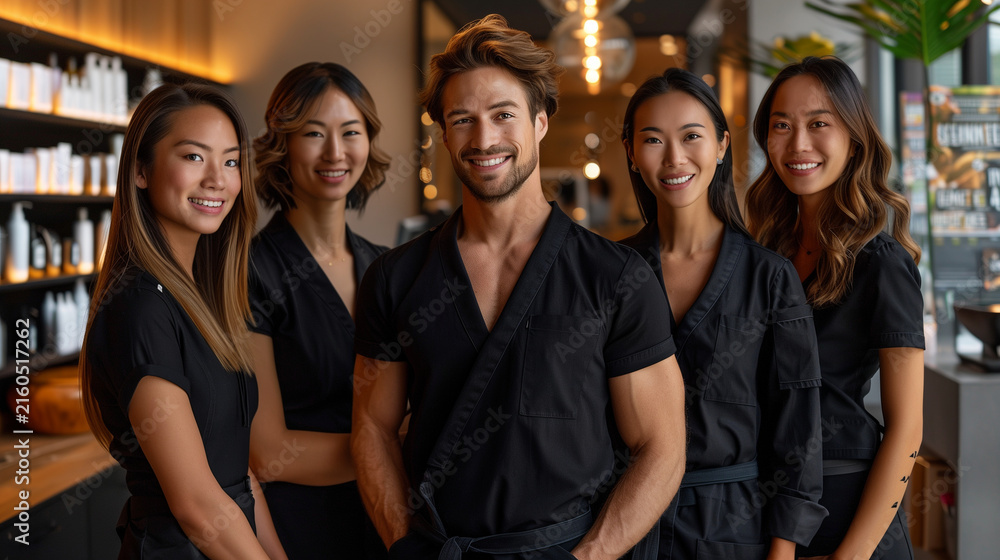 Fototapeta premium A group of cheerful and confident beauty professionals standing together in a modern salon, wearing matching black uniforms. The warm lighting and sleek interior highlight their un