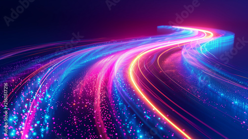 Abstract neon curved lines on dark blue background, glowing energy path, light swoosh effect, motion trail of vibrant colors, modern digital motion flow, speed burst light effect,