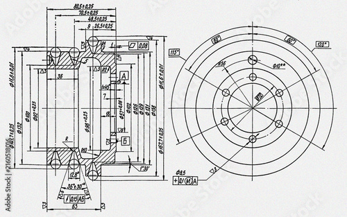 Scheme of machine part.
Engineering automotive mechanical drawing of steel 
device. Industrial design on paper sheet. 
Technology hand drawn schematic diagram 
of machined building industry. 