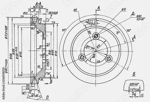 Scheme of machine part.
Engineering automotive mechanical drawing of steel 
device. Industrial design on paper sheet. 
Technology hand drawn schematic diagram 
of machined building industry. 