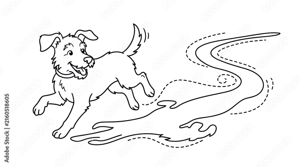 Obraz premium Playful dog running and chasing its shadow on sunny pavement in black and white line art