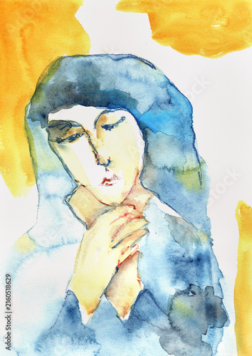 Fotografie Virgin Mary in Prayer with Blue Mantle and Golden Background, Expressive Hand-Pa