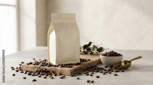 Coffee Bag with Beans on Wooden Board in Bright Setting