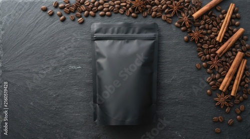 Black Coffee Bag Surrounded by Roasted Coffee Beans and Spices
