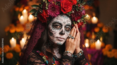 Close portrait of young Catrina woman with floral crown and skull makeup