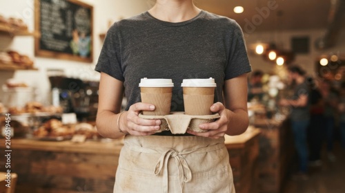 Barista Holding Coffee Cups in Cozy Cafe Environment