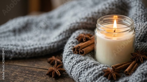 Cozy Candle with Cinnamon Sticks on Knitted Blanket