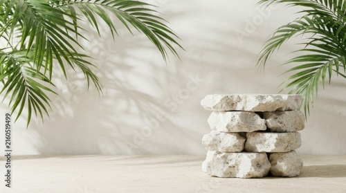 Minimalist Stone Arrangement with Tropical Leaves