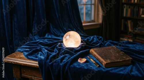 Crystal Ball on a Blue Velvet Table with Antique Book