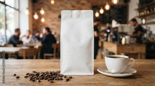 Coffee Bag and Cup on Table in Cozy Café Setting
