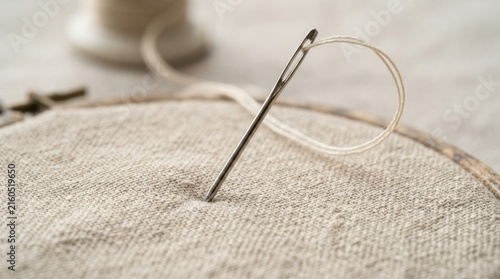 Close-Up of Needle with Thread on Embroidery Fabric
