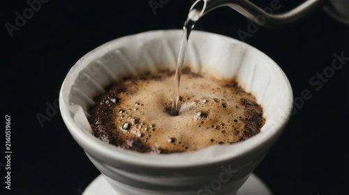 Pouring Hot Water into Coffee Filter with Brewed Coffee