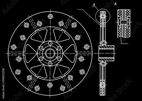 Scheme of machine part.
Engineering automotive mechanical drawing of steel 
device. Industrial design on paper sheet. 
Technology hand drawn schematic diagram 
of machined building industry. 