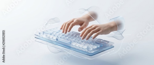 Hands typing on a modern keyboard with abstract blue elements