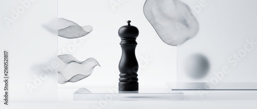Minimalist composition with black pepper mill and abstract shapes
