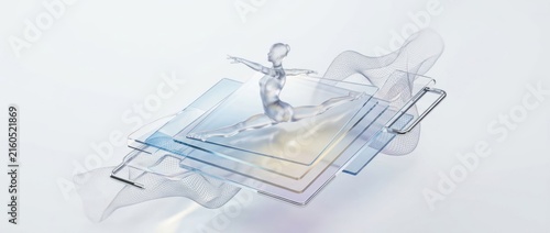 Abstract figure balancing on layered transparent platforms with soft lighting