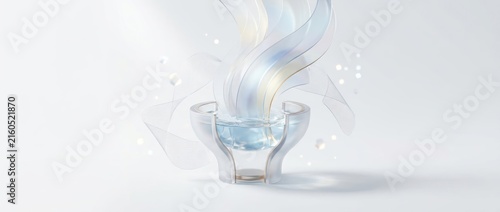 Clear liquid flowing into transparent container with ethereal wisps and light particles