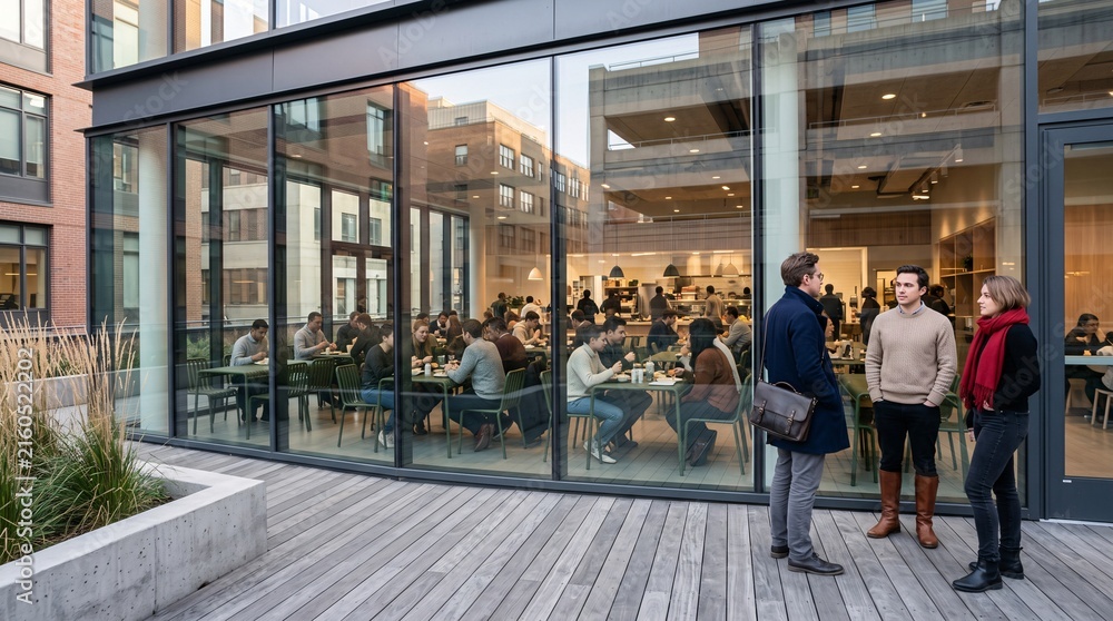 Fototapeta premium Espace de coworking moderne avec terrasse et professionnels
