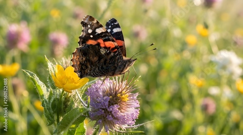 Red Admiral Butterfly Resting on Purple Wildflower in Sunlight