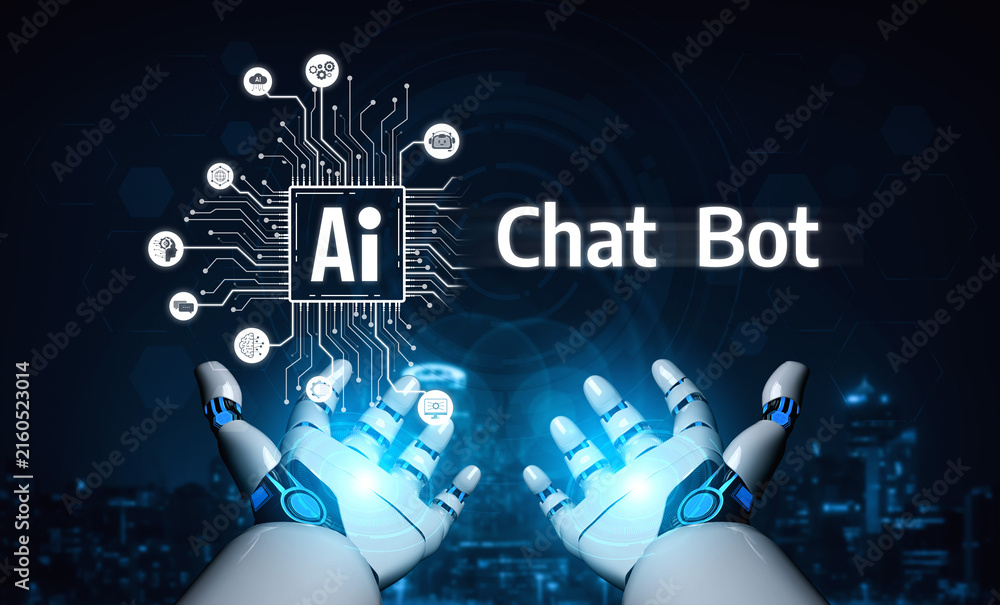 Fototapeta premium AI Virtual Assistant Artificial Intelligence Chatbot Controlled by Prompt Engineering for Explainable Generative AI information and LLM Deep Learning Technology for Smart Business Work Support. Vouch