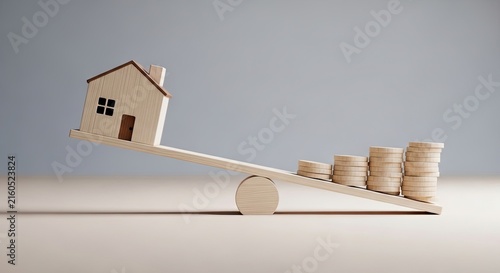 A wooden toy house balanced on a seesaw against a stack of coins representing real estate investment growth